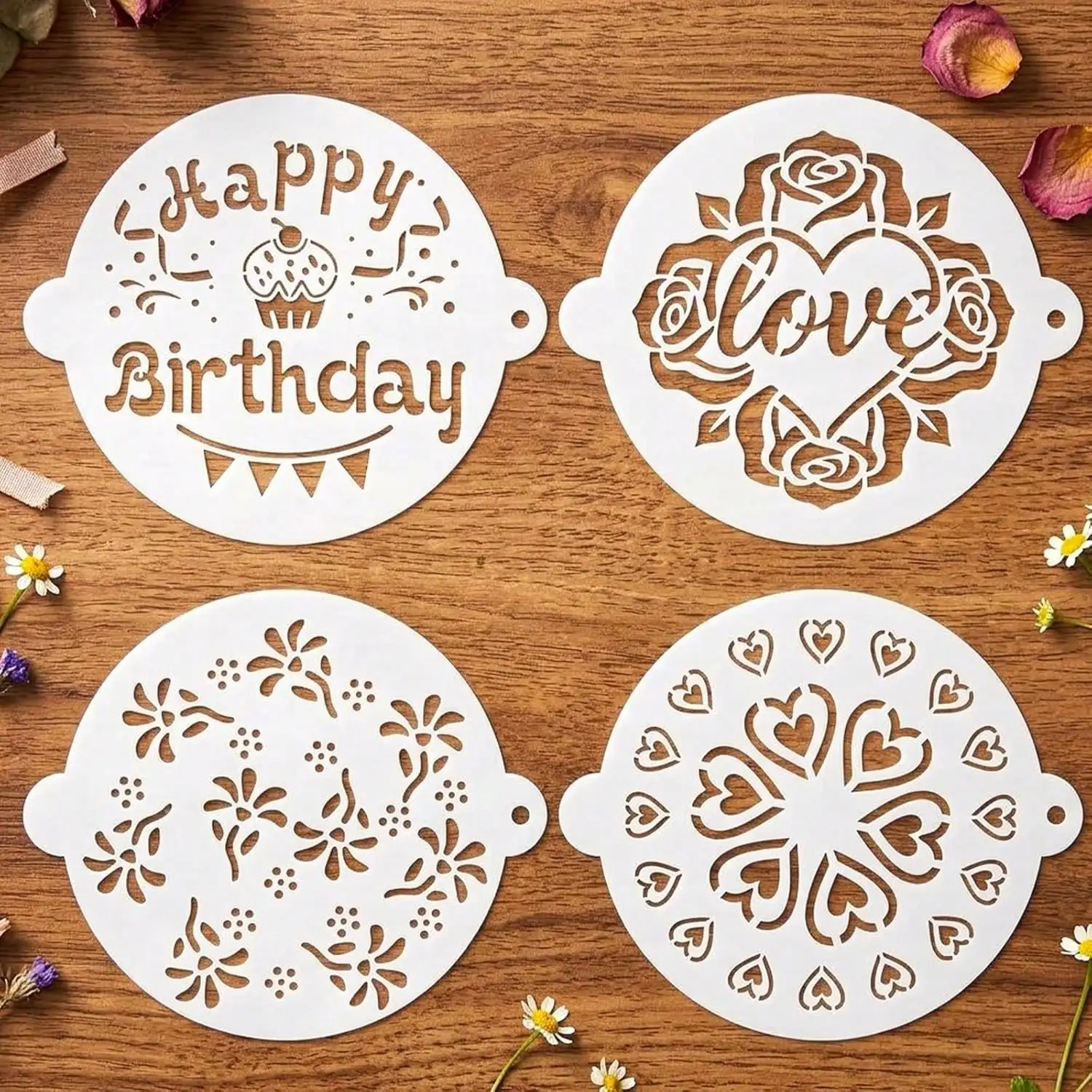 4Pcs Cake Stencils Set, Heart Love & Floral Patterns, Food Grade PET Reusable Washable Templates for Cake Top Decorating