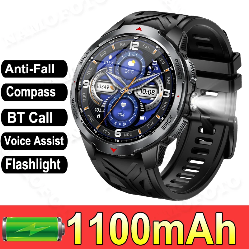 

1100mAh Large Battery Smartwatch Men Military-grade Outdoor Sports Strong Flashlight Compass BT Call Health Tracker Smart Watch