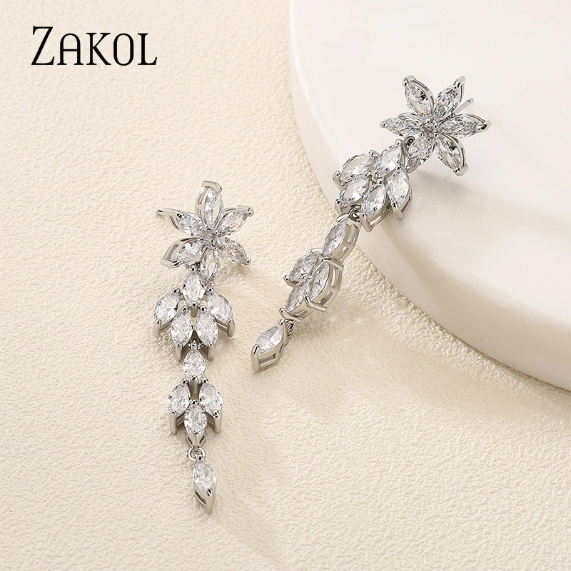 ZAKOL Shiny White Cubic Zirconia Flower Long Dangle Earrings for Women Luxury Bridal Wedding Jewelry