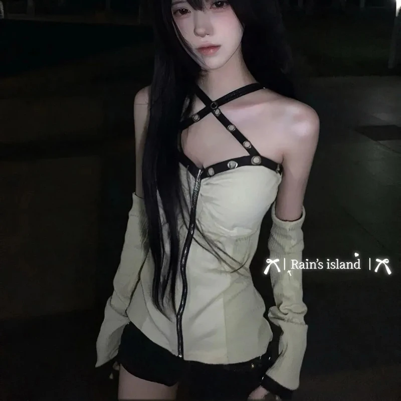 

Футболка Subculture Edge с открытыми плечами и молнией Harajuku Y2K, плиссированная лоскутная блузка с длинными рукавами, уличная одежда, готический топ с лямкой на шее крест-накрест