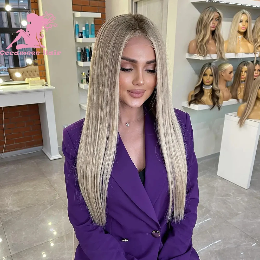 Ash Blonde Highlight Colored Human Hair Wigs 360 Lace Frontal Wig Brown Roots HD Transparent Lace NaturalStraight Brazilin 13x4