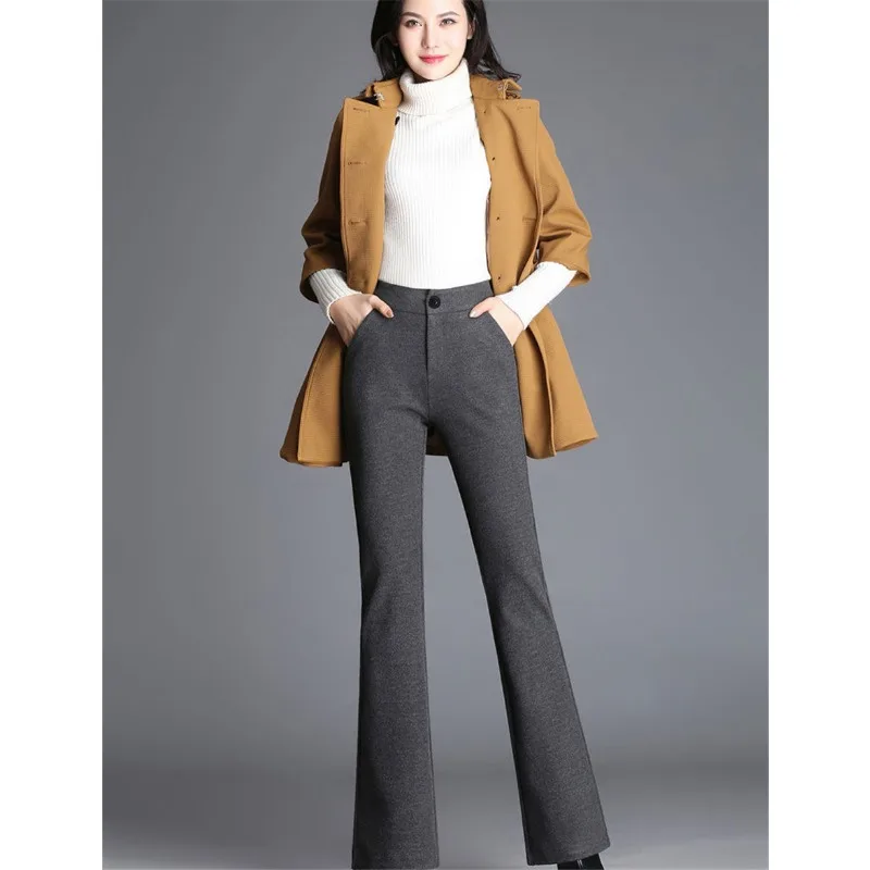 Korean Casual High Waist Solid Gray Slim Woolen Flared Pants Style Classic Pants Female Formal Chic Big Size 4XL Flare Trousers