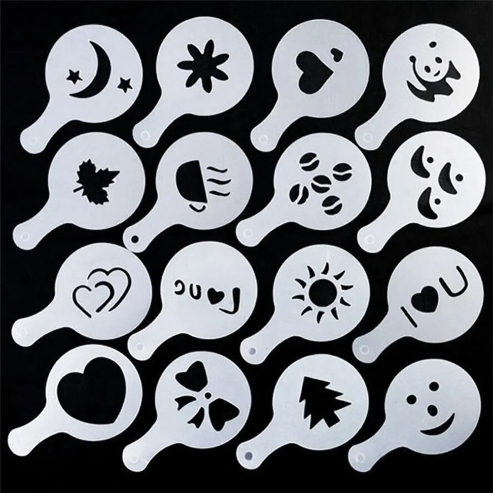 Silicone world 16Pcs Cappuccino Mold Fancy Coffee Printing Model Foam Cake Stencils Powdered Sugar Cocoa Coffee Printing Tools