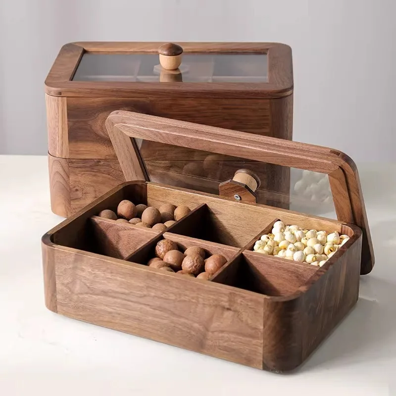 

Walnut Wood Snack Box with Lid - Multi-Layer Compartment Tray for Dry Fruits Nuts Candy, Living Room Coffee Table Organizer