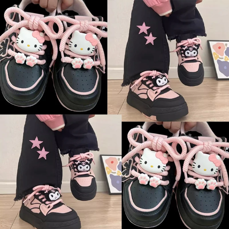 

2024 New Sanrio Hello Kitty Kuromi Black Pink Low-Top Skateboarding Shoes Women's Preppy Lolita Shoes Student Versatile