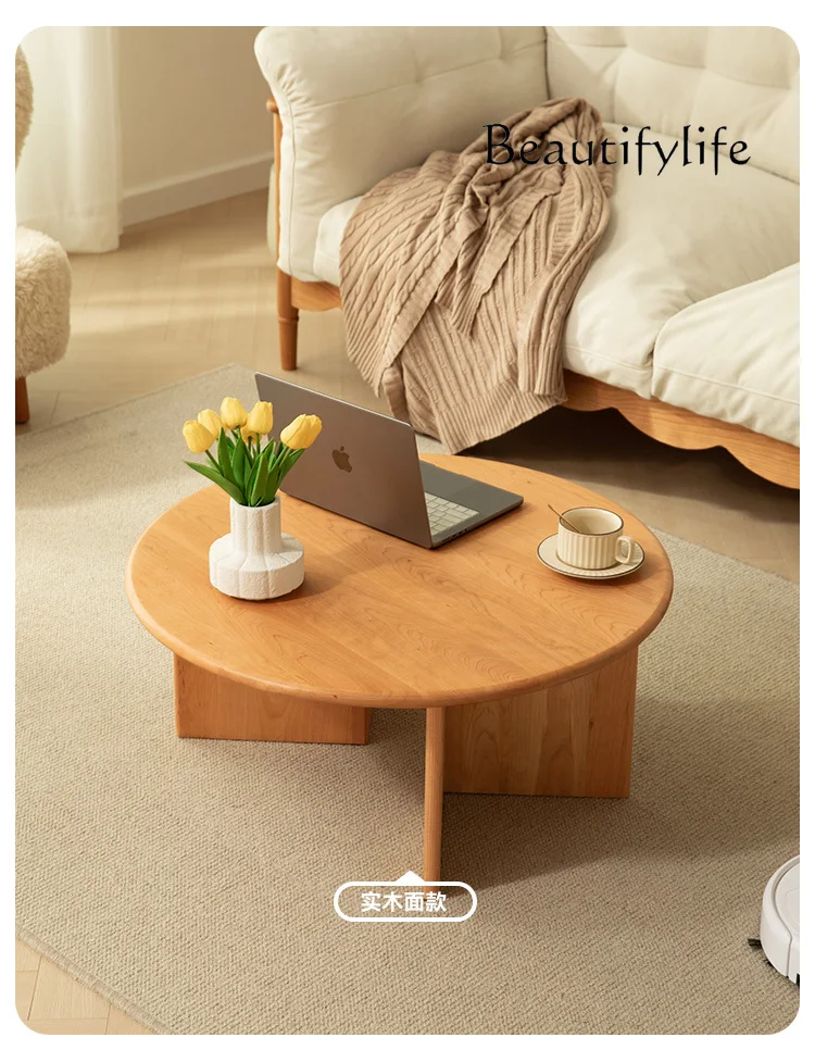 

Nordic and Japanese Style Cherrywood Solid Wood Coffee Table Stone Plate Coffee Table Living Room Home Retro round