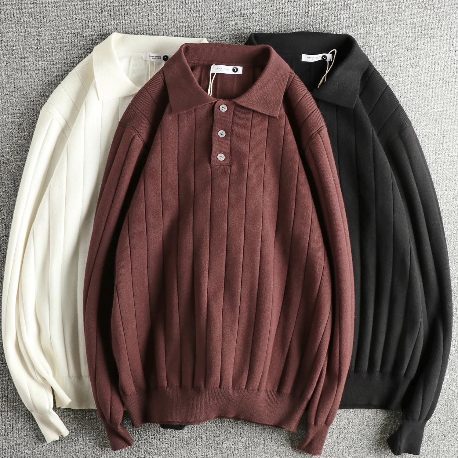 2025 Autumn Winter New American Retro Long Sleeve Lapel Knitted Striped Polo Shirt Men's British Fashion Loose Casual T-shirt