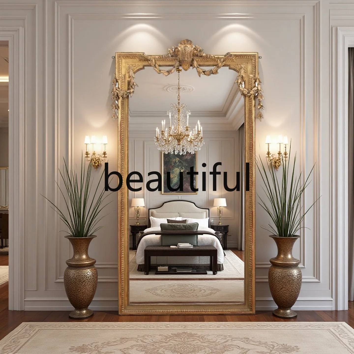 

French classical wooden frame retro carved full body floor mirror American home clothing store antique full-length mirror