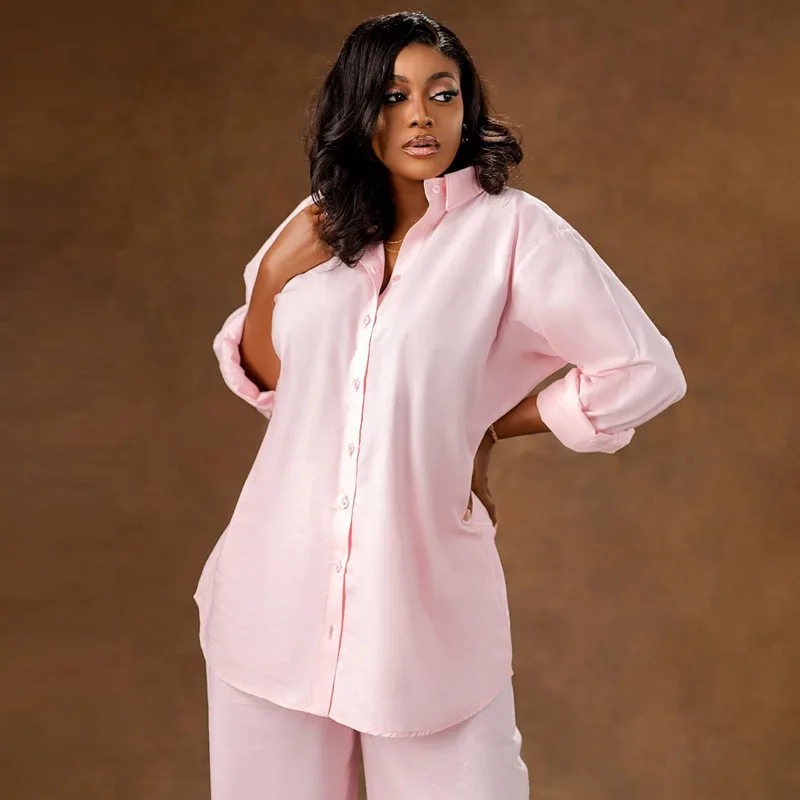 السراويل مجموعة النساء قطعتين مجموعات مطابقة مجموعات واحدة الصدر كم كامل الوردي قمصان واسعة الساق السراويل الطويلة Y2k الشارع الشهير الربيع #3