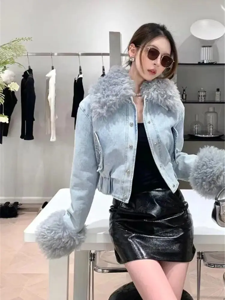 

Autumn Winter New Faux Fox fur collar Warm short Denim Jacket for Women Washed Distressed jackets Female Cotton Coat Y4766