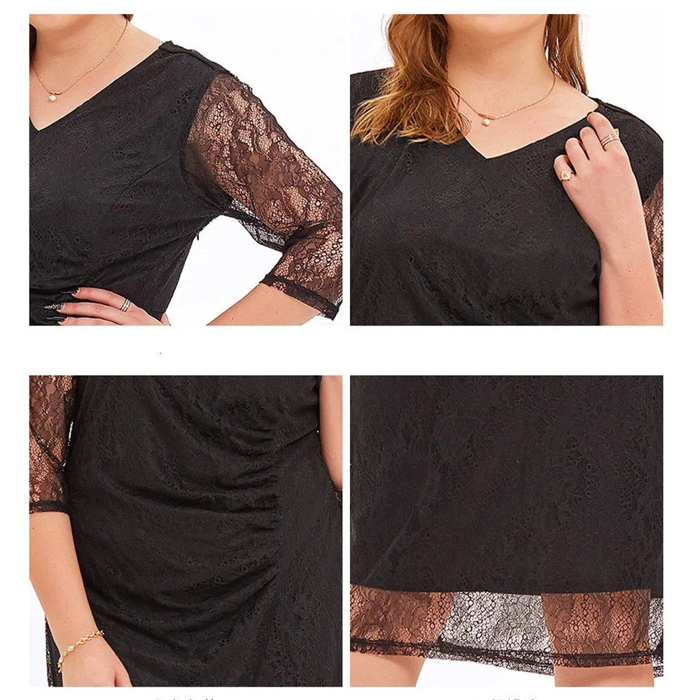 Plus Size Dresses Women 2023 Elegant Slim Ruched Straight Midi Dress Sexy V-neck Lace Half Sleeve Evening Party Dresses Big Size