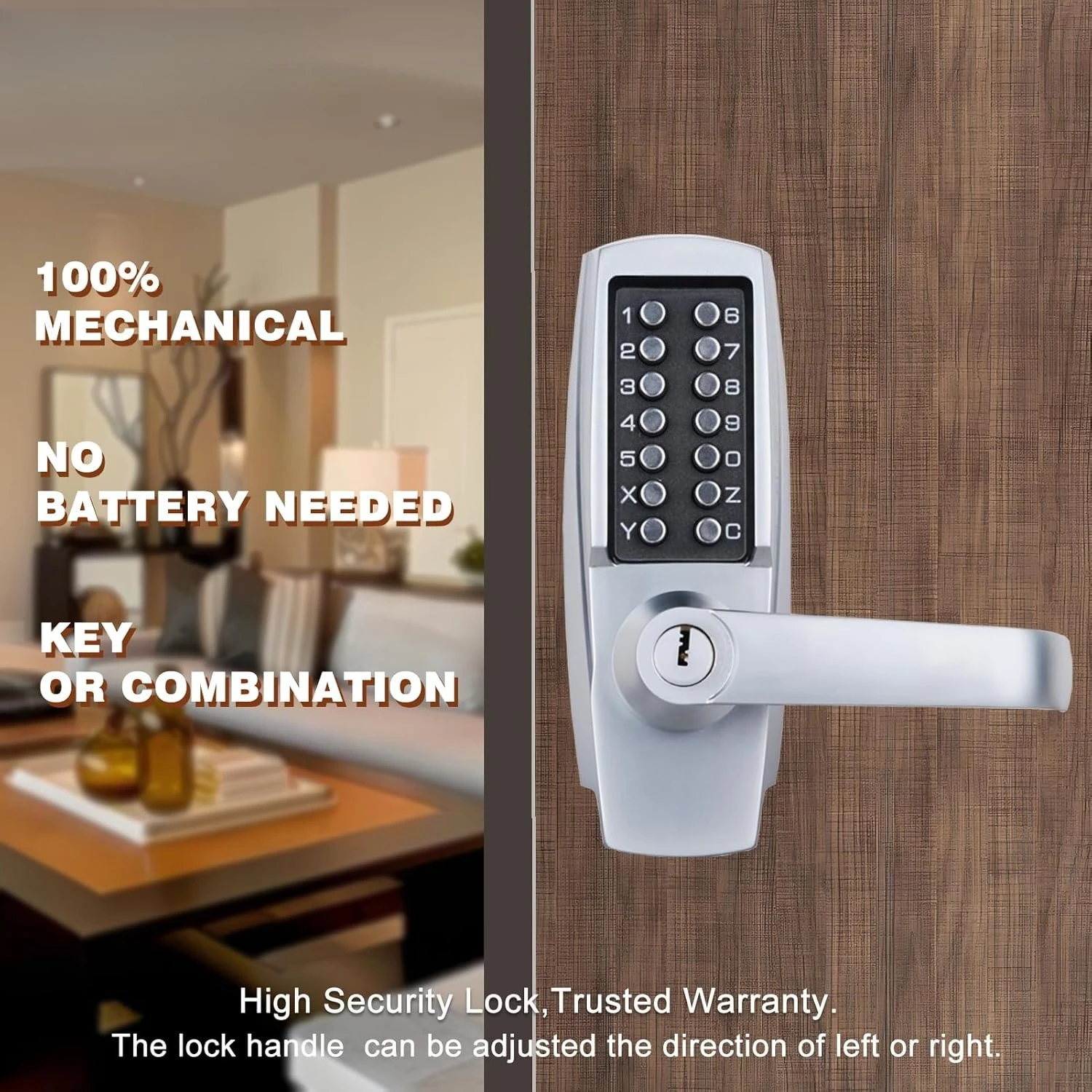 ZZZ-قفل باب الدخول الميكانيكي، 14 لوحة مفاتيح رقمية، مسمار ديدبولت مقاوم للطقس مع مقبض، قفل أمان خارجي عالي التحمل بدون