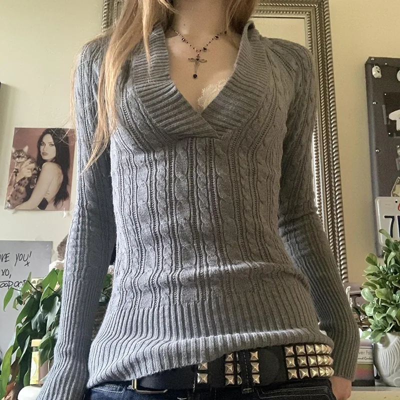 Suéter de Punto con Cuello en V Cruzado, Color Puro, Estilo Informal, Ne Hegel, Otoño Invierno, Nuevo, Fibra de Poliéster