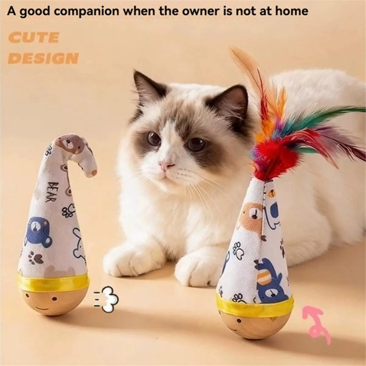 Wooden Interactive Cat Toy , Interactive Cat Tumbler Toy , Cute Cartoon Teaser for Kittens, Self- Chaser A