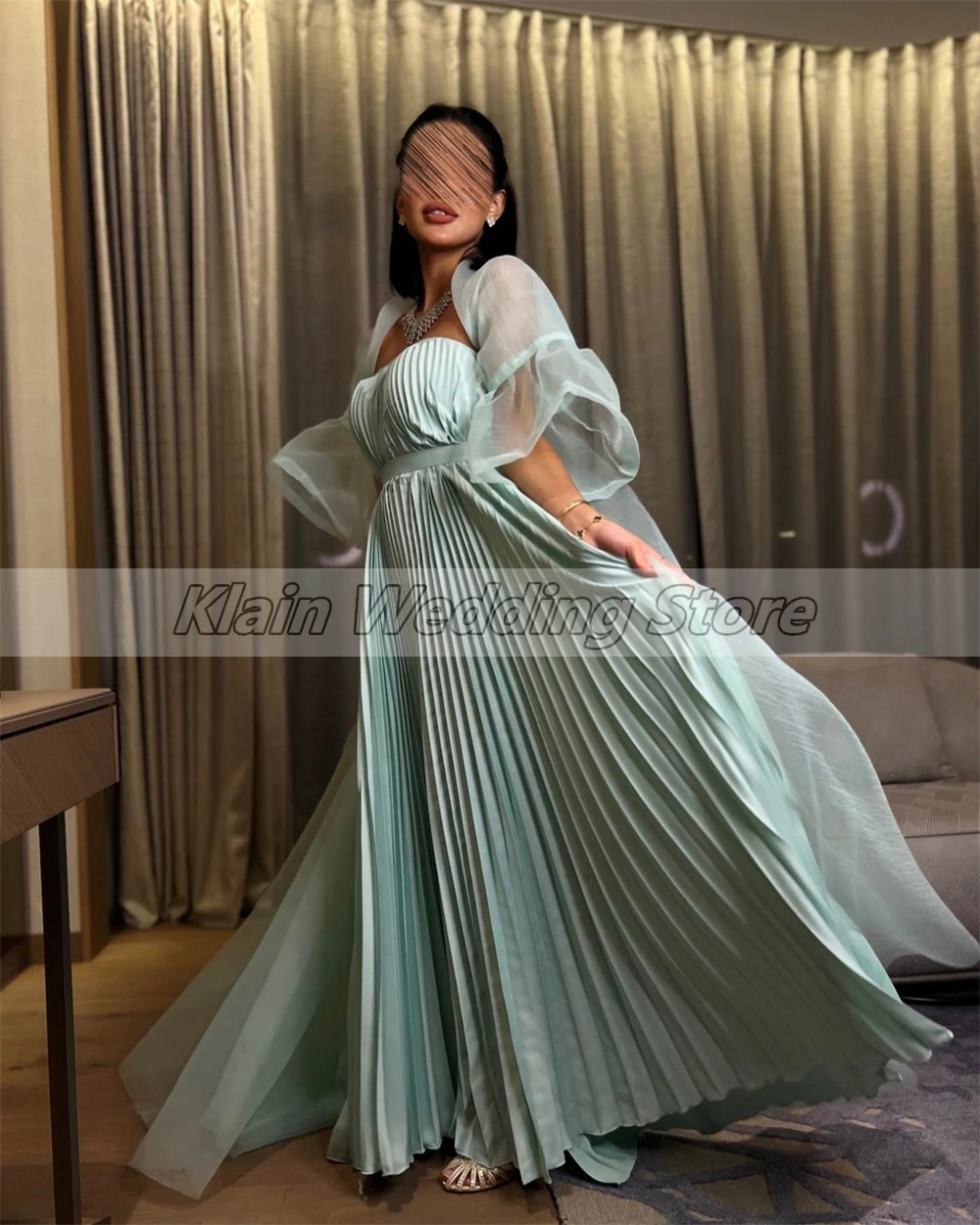 Customized A-line Strapless Prom Gown Muslim Clothing Pleat Evening Dresses For Women Three Quarter Maxi Dress فساتين سهرة فخمه