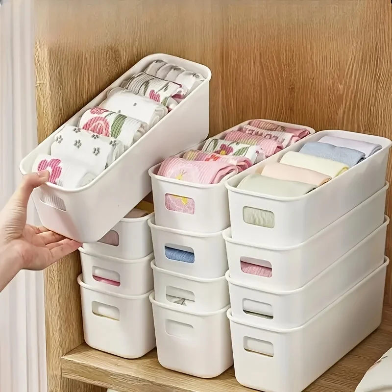 4pcs White Plastic Storage Boxes - Suitable for Drawer, Shelf, Wardrobe,Office, Bedside - Store Phone Cases,Socks- Space-Saving