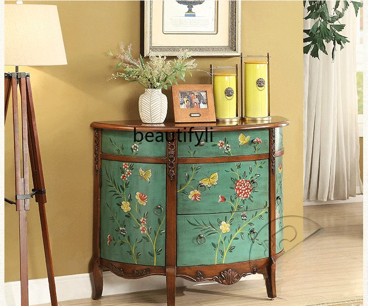 American Country Distressed Entrance Cabinet Creative Semicircle Hall Cabinet Painted Living Room Hallway