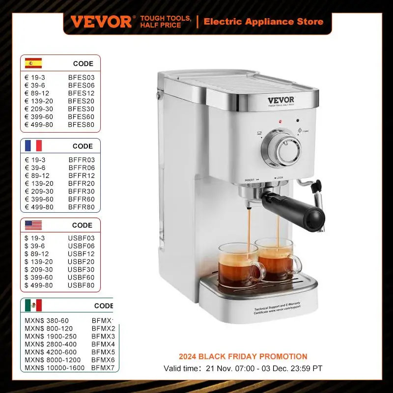 

VEVOR Espresso Coffee Machine 15Bar Semi-Automatic Espresso Maker with Milk Frother Steam Wand Professional Cappuccino Machine