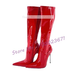 Long Pointed Toe Red Patent Leather Boots Women Sexy Splicing Shiny Knee High Boots Ladies Stiletto Metal Heel Autumn Boots