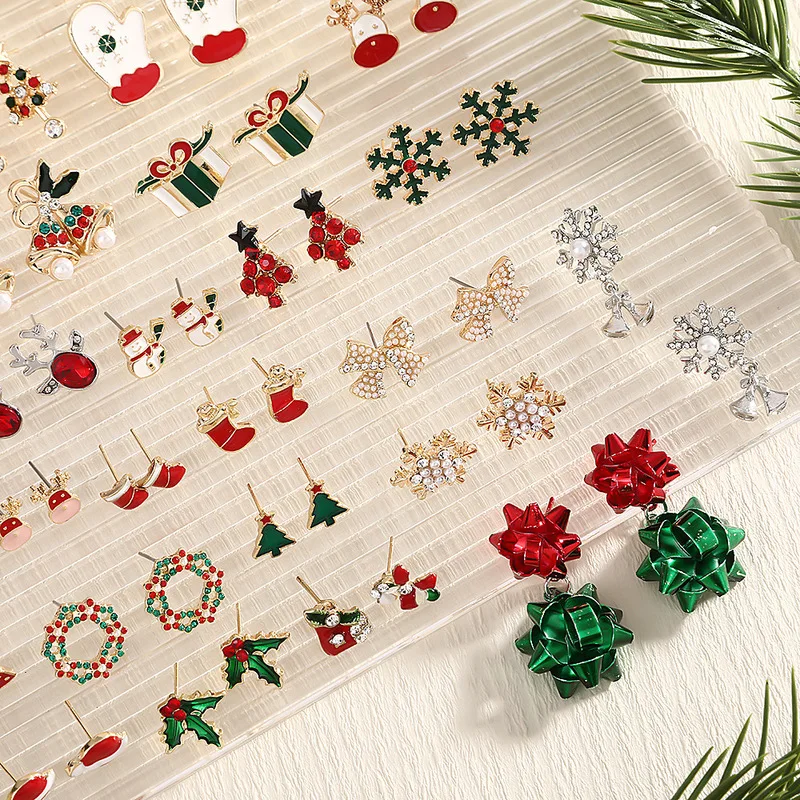 Stainless Steel Gold Plated Christmas Tree Candy Cane Gift Bow Snowman Bell Snowflake Wreath Stud Earrings Set Cute Jewelry