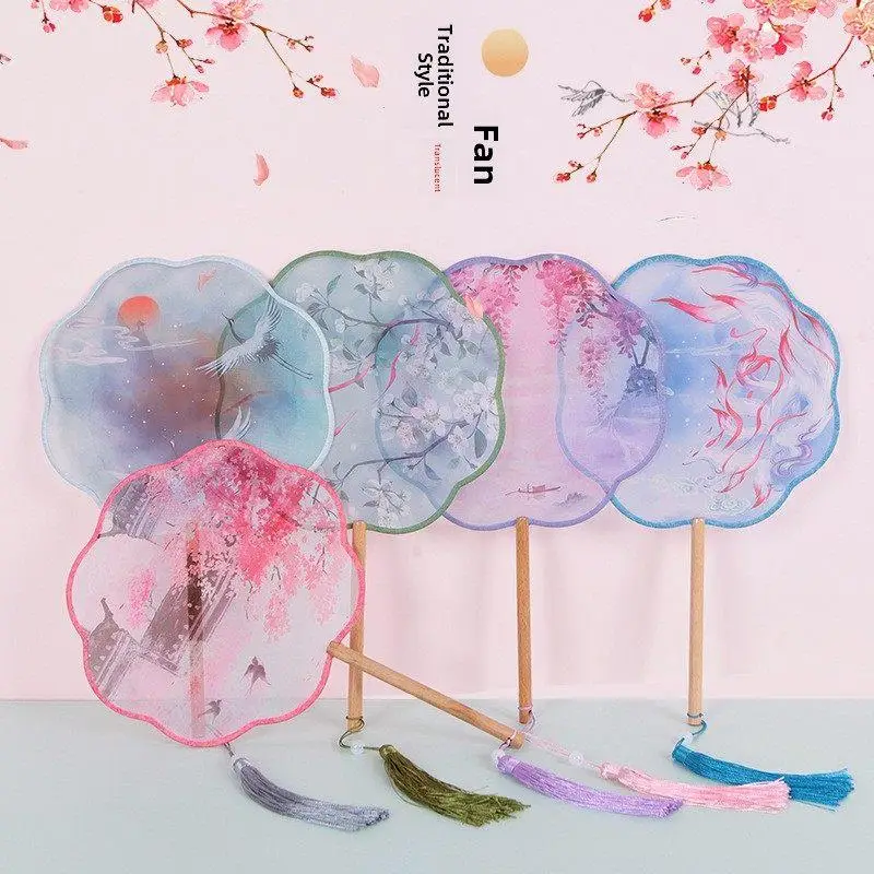 Chinese Style Long Handle round Fan Semi Transparent Classical Han Dance Qipao Feather Fan Eight Petal  Fan Ancient Wind