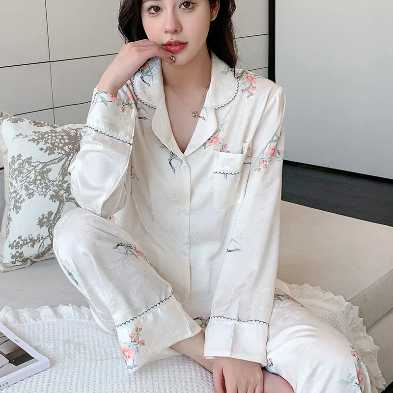 Lange Mouw Pijama Pak Bedrukt Satijnen Nachtkleding Lingerie Losse Casual Huiskleding Dames Pyjama Set