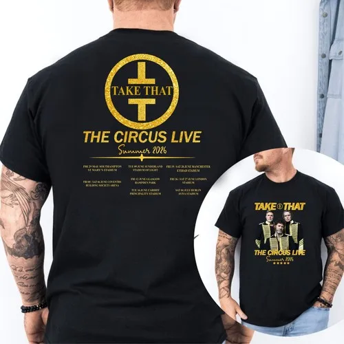 Take That The Circus Live Summer 2026 Double Sided Gold Glitter Graphic Tour Dates Concert T Shirt Unisex Fan Tee