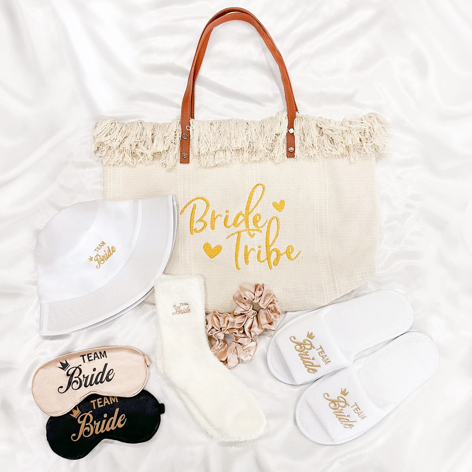 

Bridal Shower Bachelorette Party Wedding Gifts For Bride & Bridesmaids, Set of Bags Hats Eye Masks Scrunchies Socks Slippers