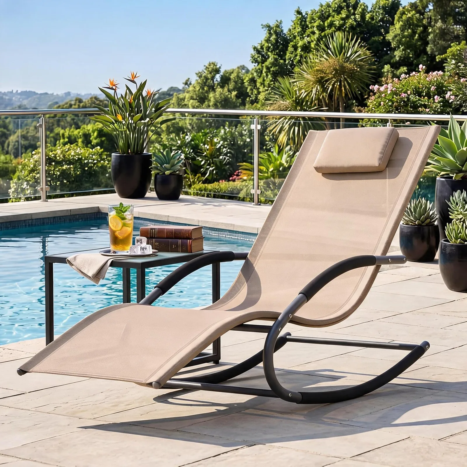 Outdoor Lounge Chair, Patio Chaise Rocking Chair, Recliner All-Weather Yard Pool