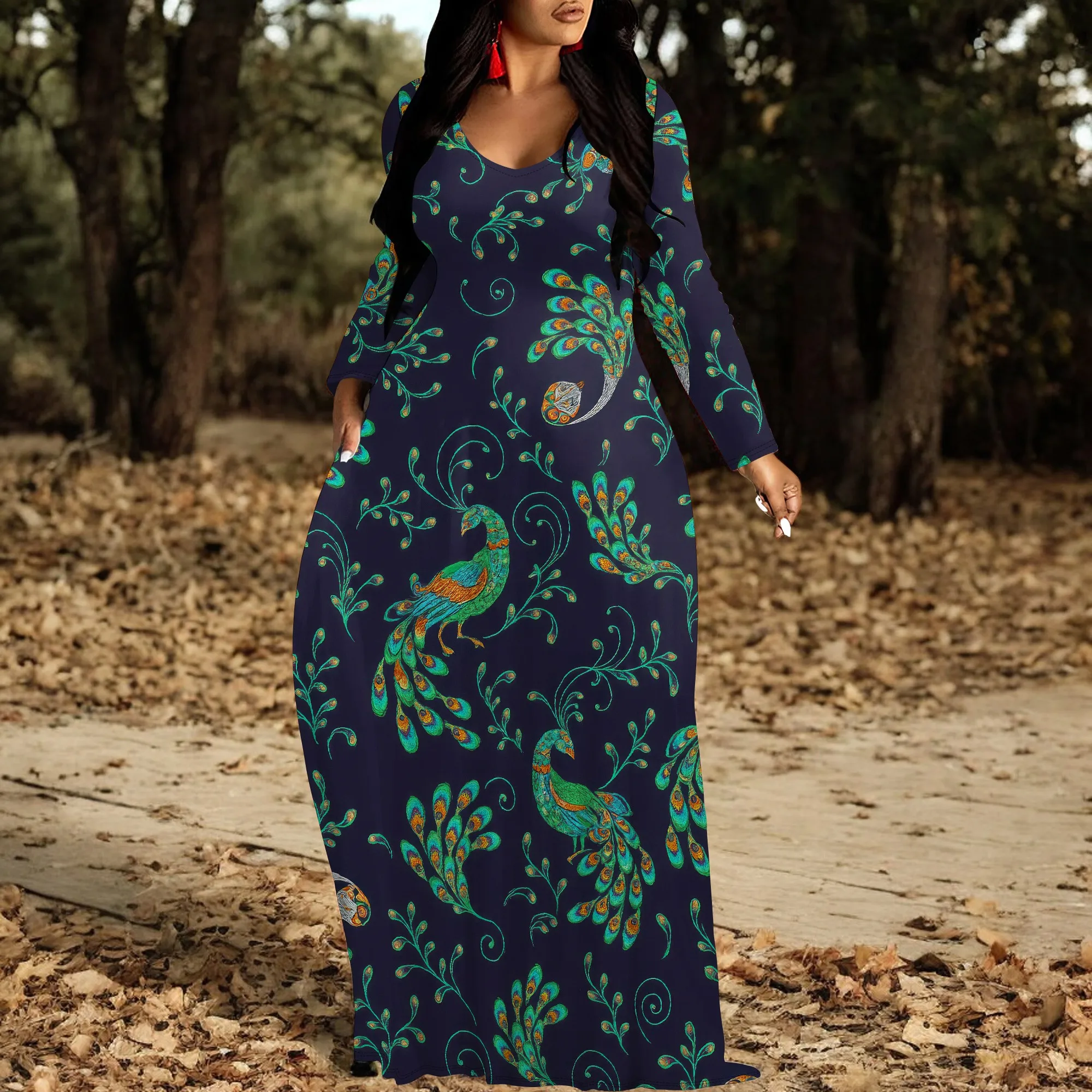 Women's V Neck Maxi Dress Ruffles Full Sleeve Floral Dresses Wedding Guest Sundress with Belt