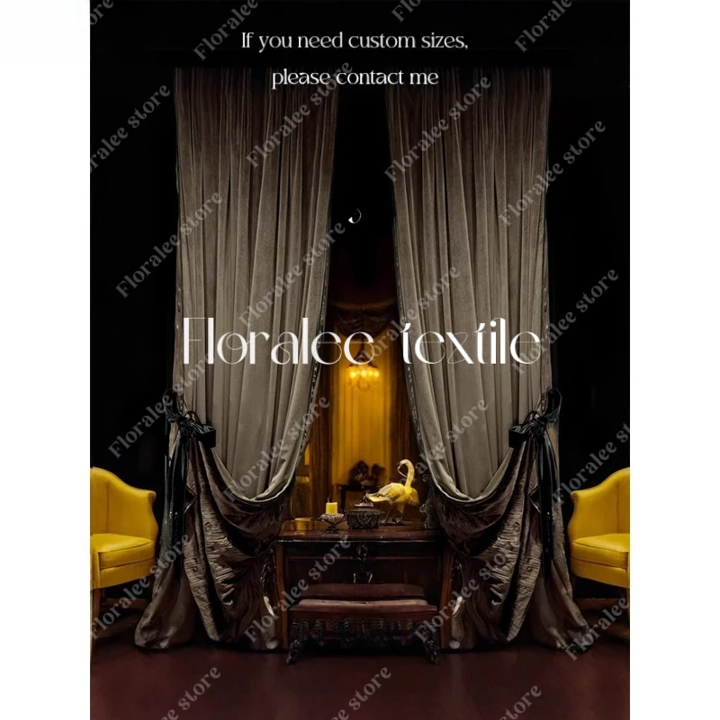 

Luxury High-end Curtains for Living Room Modern Floor-to-ceiling Blackout Curtains Brown Italian Velvet American Bedroom Villa