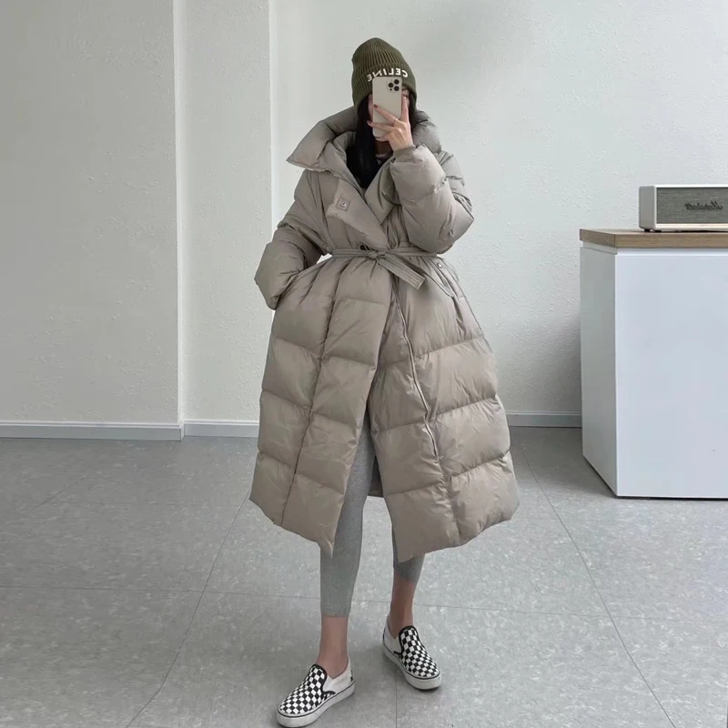 Korean style white women\'s parkas 2022 Winter Oversized warm Hooded down jacket with sashes Puffer coat Ladies Snow INKEO 2O097