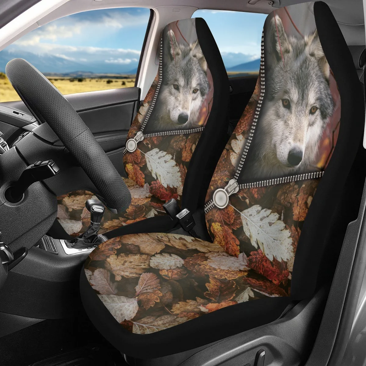 INSTANTARTS Wolf Print Car Seat Cover 2023 Hot Fashion Leaves Zipper Design Vehicle Seat Protector Nonslip Fit Most of Cars Gift