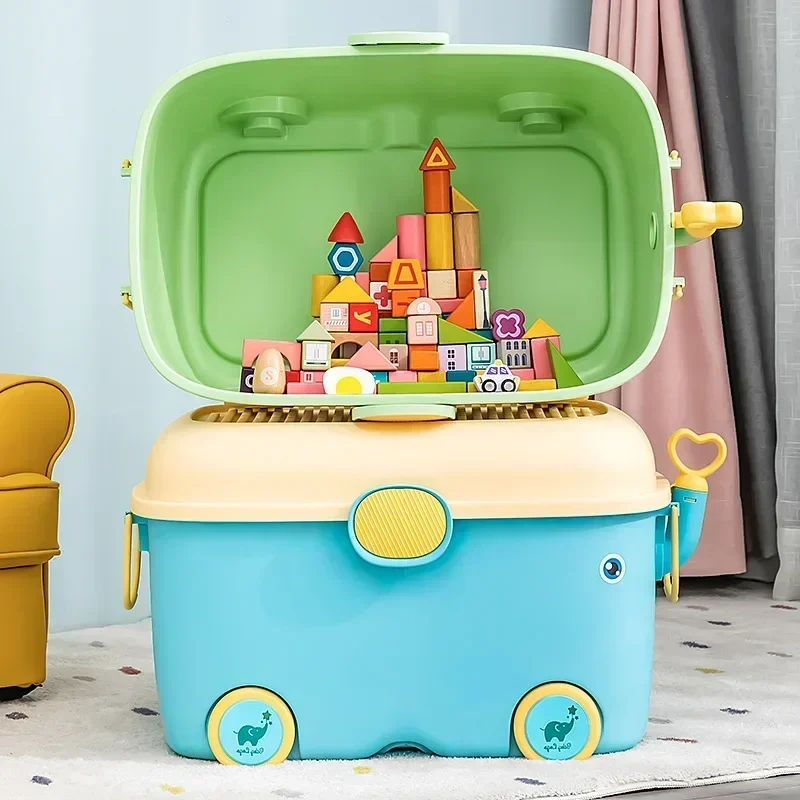 Children's Large Toy Storage Box with Cartoon Design Dustproof PP Bin with Wheels for Clothes & Building Blocks Organization
