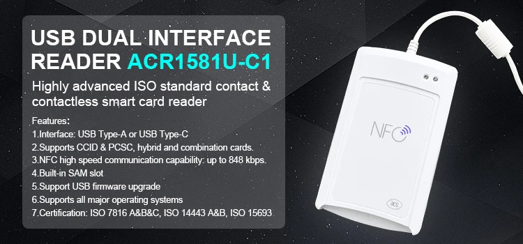 

Dual Boost III USB Dual Interface 13,56 MHz IC RIFD Contact и Contactless Mobile Payment Smart Card Reader (ACR1581U-C1)