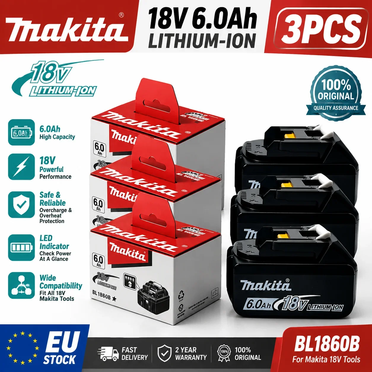 100% Original Makita 6Ah für Makita 18V Akku BL1830B BL1850B BL1850 BL1840 BL1860 BL1815 Ersatz-Lithium-Akku