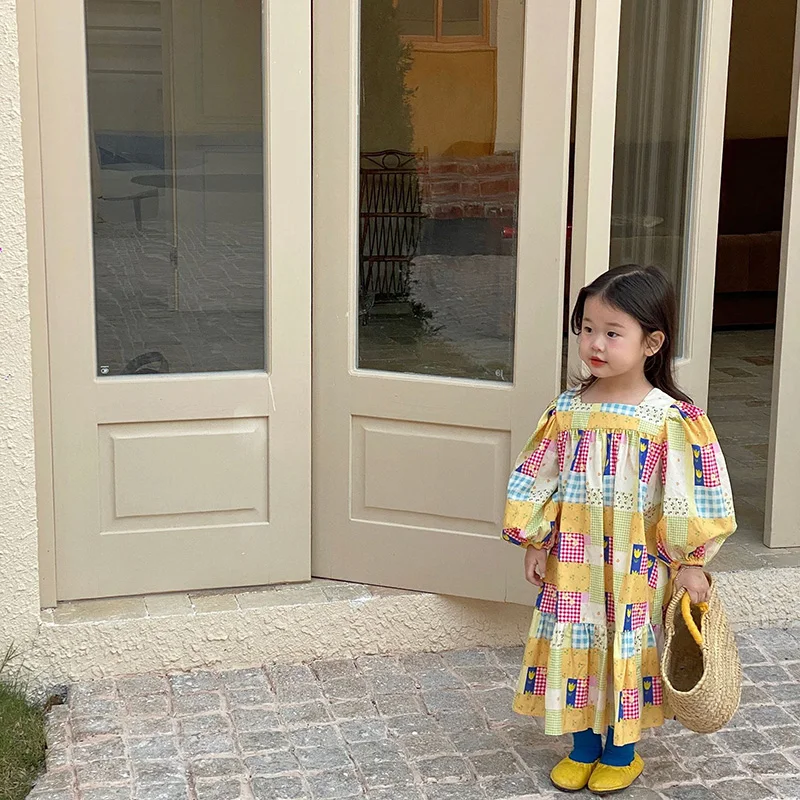 New Arrived Spring Children Clothes Cotton Print Square Collar Girls Dress Long Sleeve Korean Loose Straight Dresses image 4