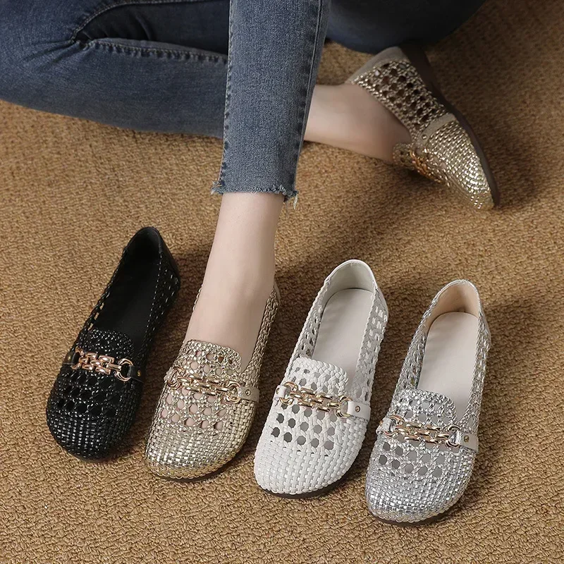 Women's Genuine Leather Hollow Sandals 2024 Summer Woven Loafers Large Size Casual Flat Woman Shoes Soft Sole Zapatos De Mujer