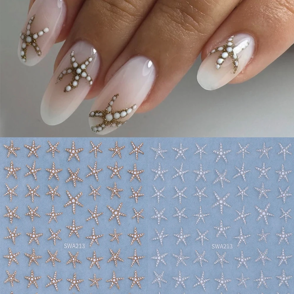 2pcs Summer Sea Star Nail Art Stickers Gold Silver Glitter Shell Starfish Nail Decals for DIY Manicure Soap Nail Decorations