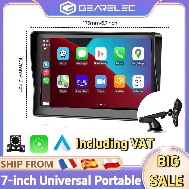 Touch screen per lettore video multimediale wireless per auto Android Carplay portatile universale da 7 pollici con telecamera posteriore FM