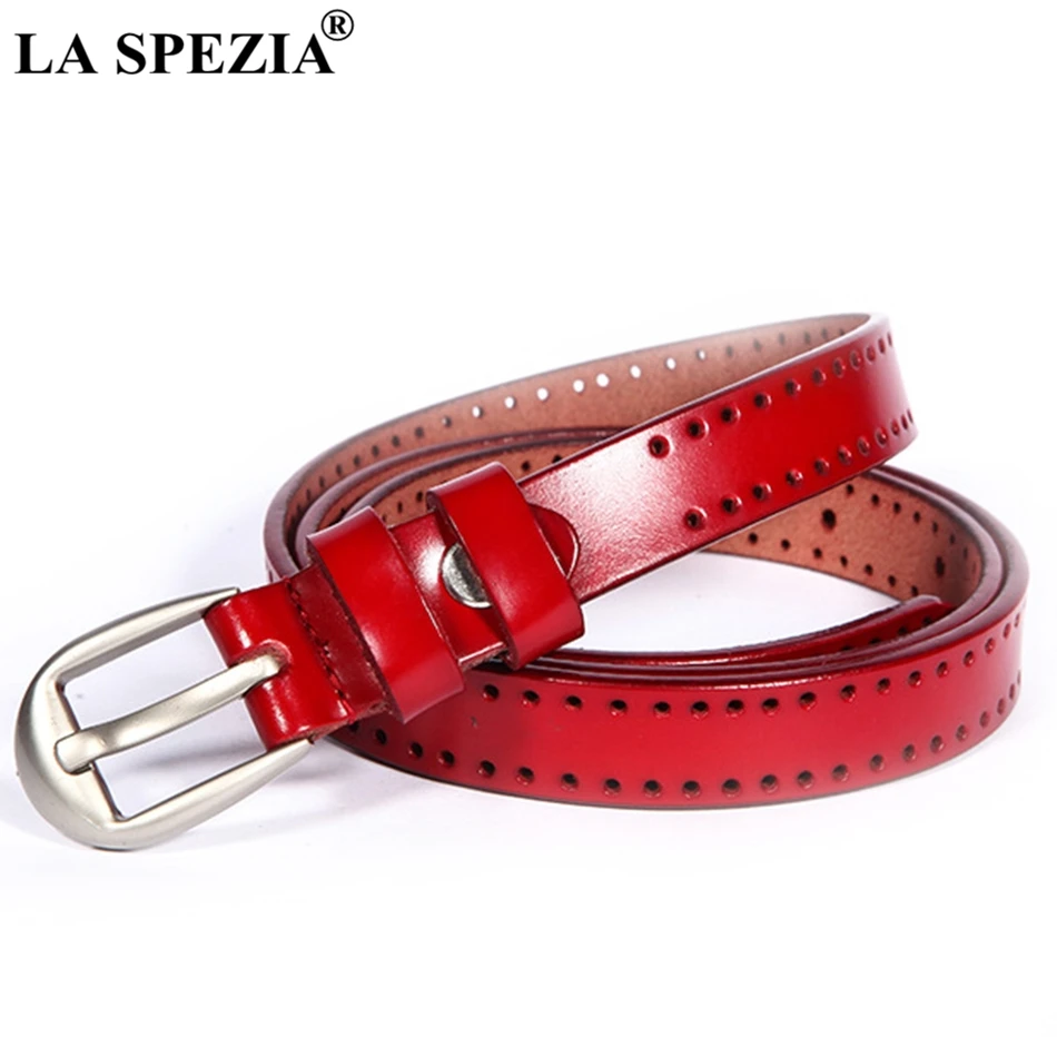 LA SPEZIA White Belt Women Real Leather Chain Pin Buckle Belt Female Classic Genuine Leather Cowhide Ladies Thin Belt With Holes