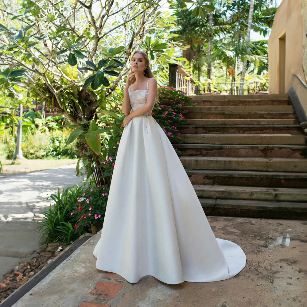 Vestido de novia de satén con cuentas y cuello cuadrado para mujer, corte de línea a, Espalda descubierta, vestido de fiesta de boda modesto