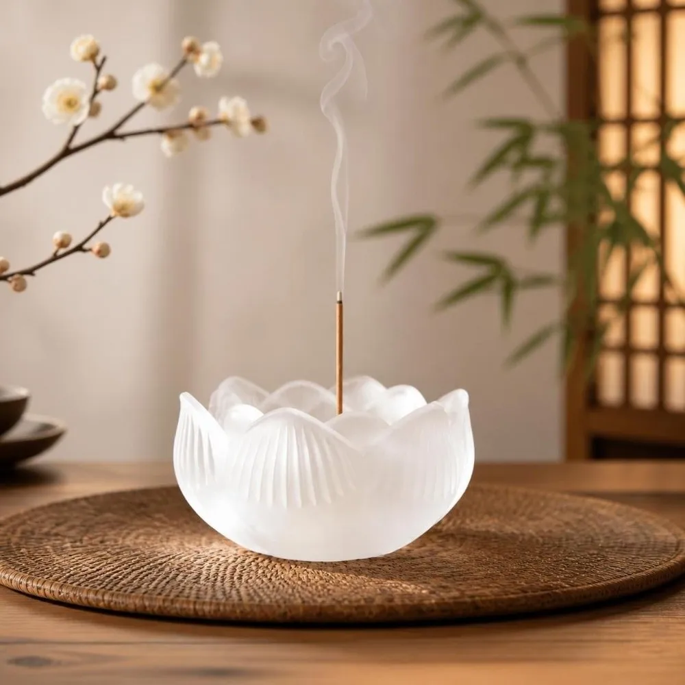 Zen Chinese Style Lotus Incense Burner 9 Hole Crystal Glass Lotus Censer Holder Creative Incense Stick Burner Zen Space