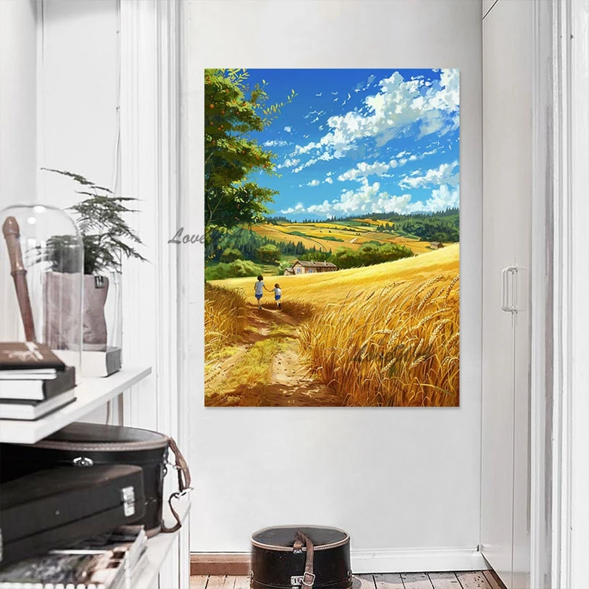 

3d Rice Field Landscape Art Picturem Abstract Canvas Wall Frameless Village Scenery Handmade Painting High Quality Design Decor