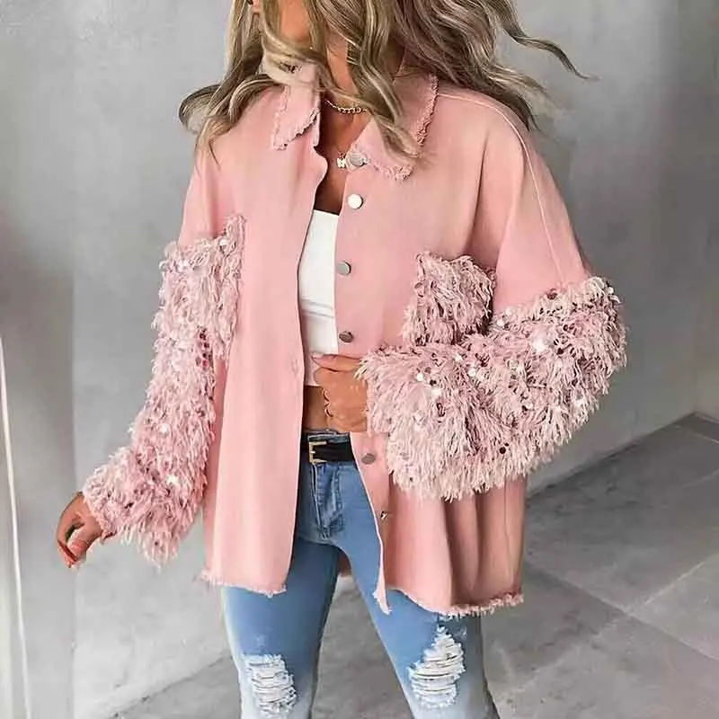 Casual Sequin-panelled Jacket Top for Women Spring Autumn 2024 New Lapel Long Sleeve Loose Jackets Fashion Single Breasted Coat