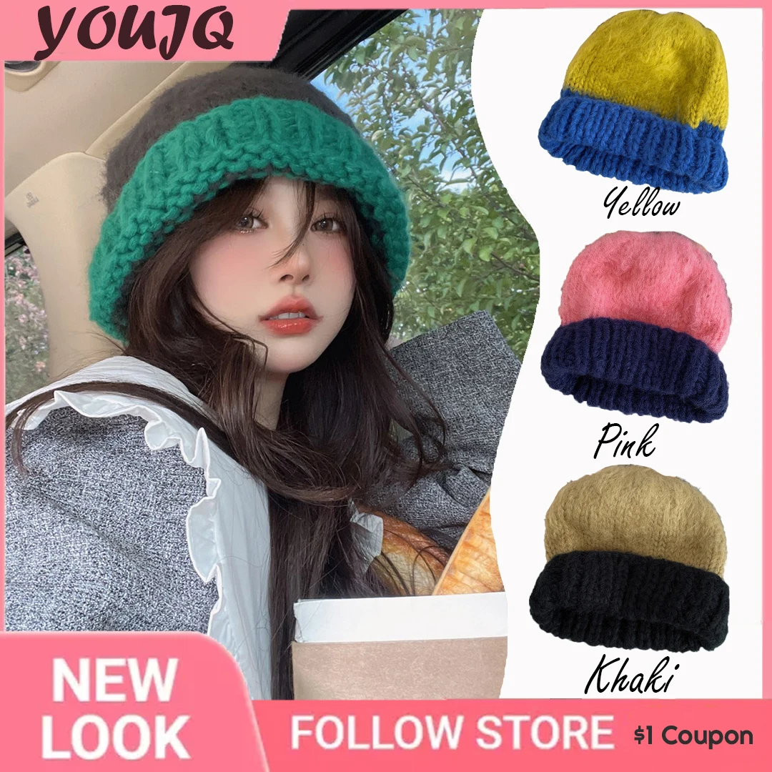 Y2K Big Head Handmade Mohair Thick Needle Mohair Knitting Cap Magenta Spelling Colour Niche Ear Protection Korea Warm Cap Gorras