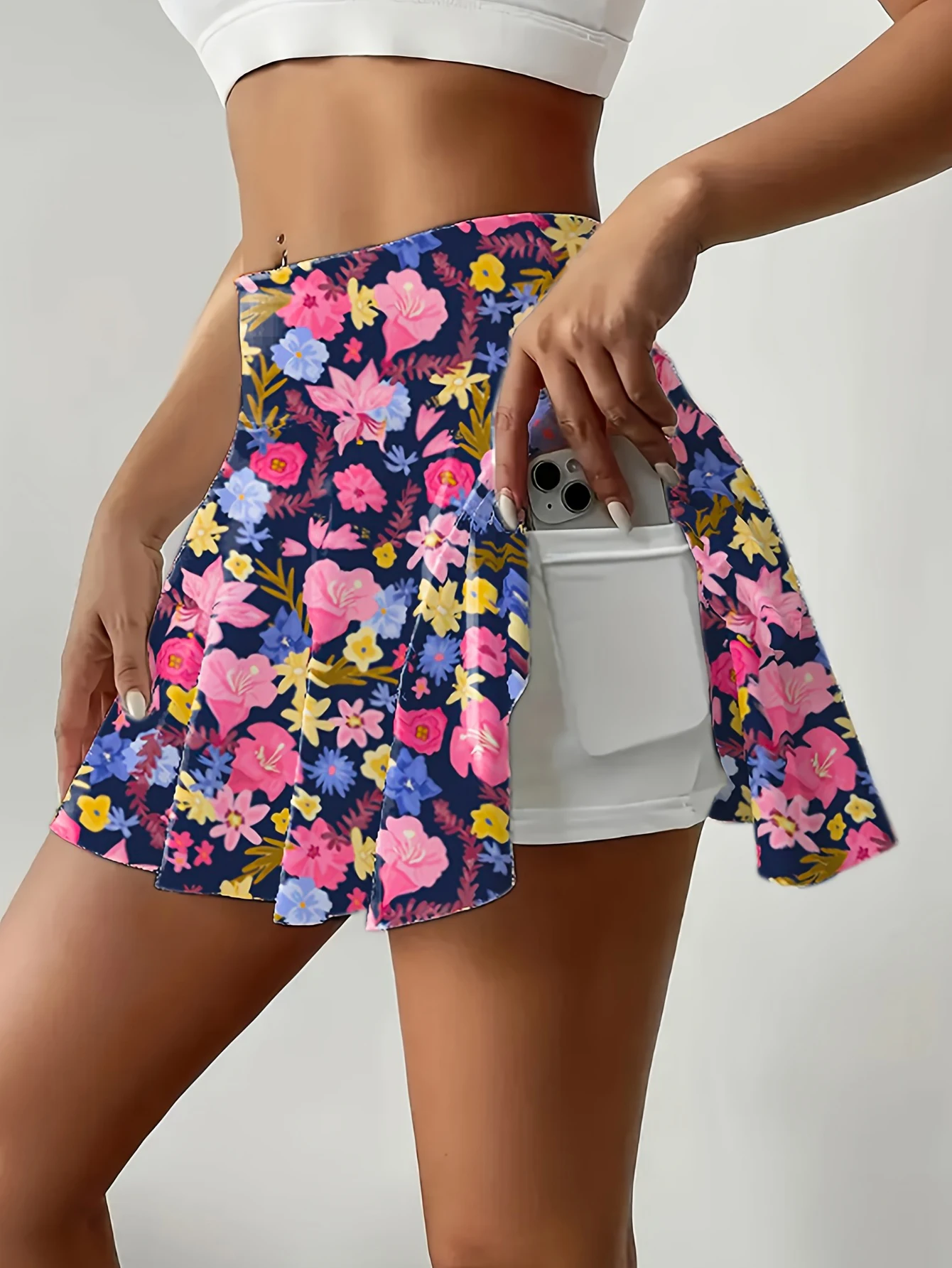 Women's Purple Floral Print Mini Skirt Elastic Waist Summer Knit Fabric with Shorts Pocket Detail Polyester