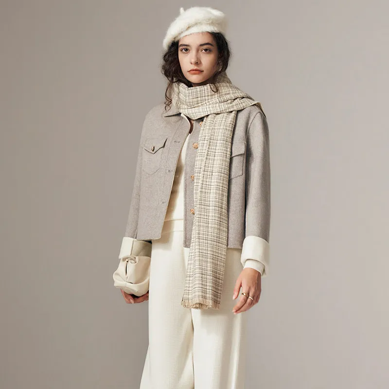 

OLrain Women's Spliced Double-Faced Wool Coat England Style Winter 2025 Metal Buttons Ladies Cropped Tweed Jackets G23DS85356