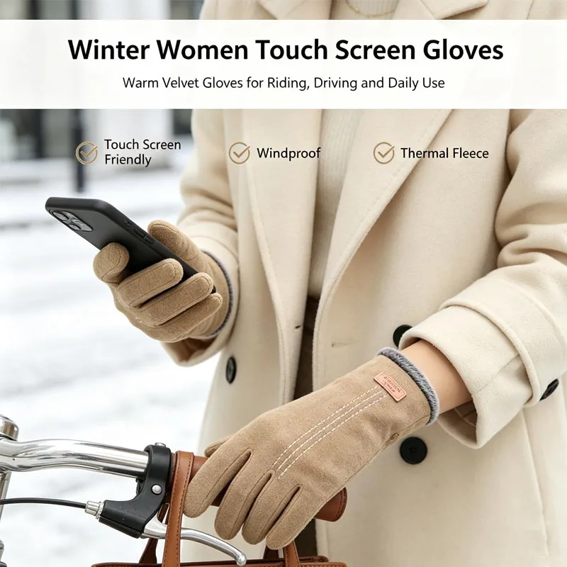 Women Gloves Vintage Windproof Touch Screen Keep Warm Velvet Gloves Plush Solid Color Riding Driving ST2207