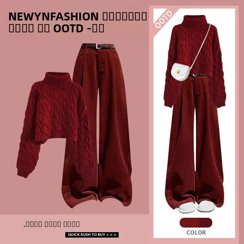 

New Year Celebration Women's Fashion Set High Waist Casual Pants Red Twist Sweater Autumn Winter New Style Two Pieces Set
